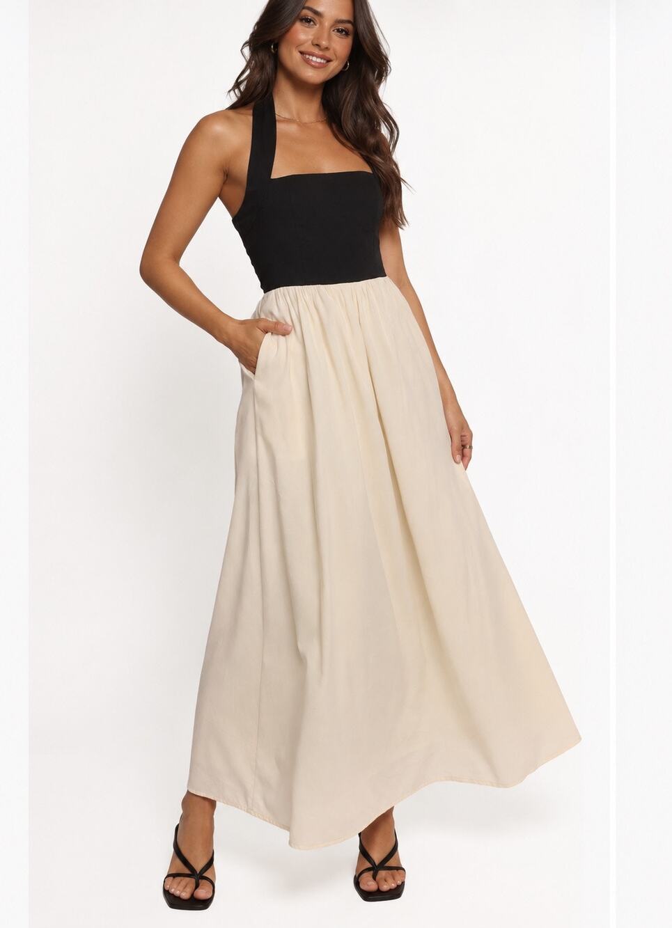 Petal & Pup Jayden Halter Neck Maxi Dress Black Cream Colorblock Pockets XS Chic